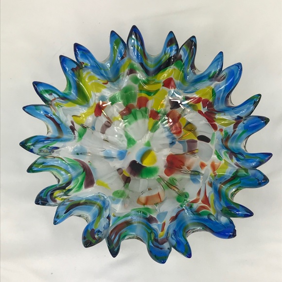 Vntg Art Glass Fused Swung Glass Bowl Blue * Flaw - Picture 2 of 6